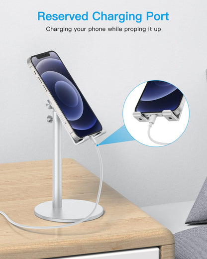 OMOTON Cell Phone Stand, Angle Height Adjustable Phone Holder, Aluminum Desktop Phone Dock for Desk, Compatible with iPhone 17 Pro Max, All Smartphones and Tablets(4-11''), Silver