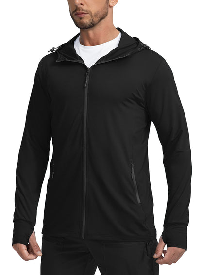 Men's UPF 50+ Light Jacket Full Zip Sun Protection Hoodie Long Sleeve Sun Shirts for Men Hiking Fishing Zip Pockets(Black_3XL)