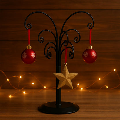 Ornament Tree Display Stand Wire Tree – 10.6 Inch Black Rotating Wrought Iron Tabletop Holder with Multiple Hooks for Hanging Glass Ornaments, Balls, Jewelry, and Small Craft Items – Decorative Rack
