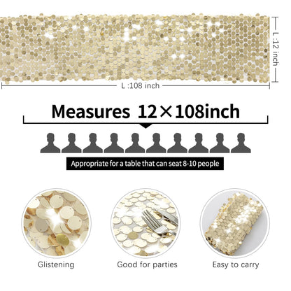 Pufogu 12 x 108 Inch Sequin Table Runner, Champagne Glitter Premium Big Sequin Table Runner, Rectangle Table Runners for Halloween, Christmas, Wedding Party, Birthday Party, Banquet Decor (1 Pack).