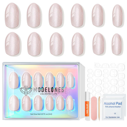 modelones Pink Short Press on Nails, Fall Halloween Oval Fake Nails Kit Press Ons with Nail Glue, Adhesive Tabs, Nail File, Prep Pad, Manicure Stick, 32Pcs 16 Sizes