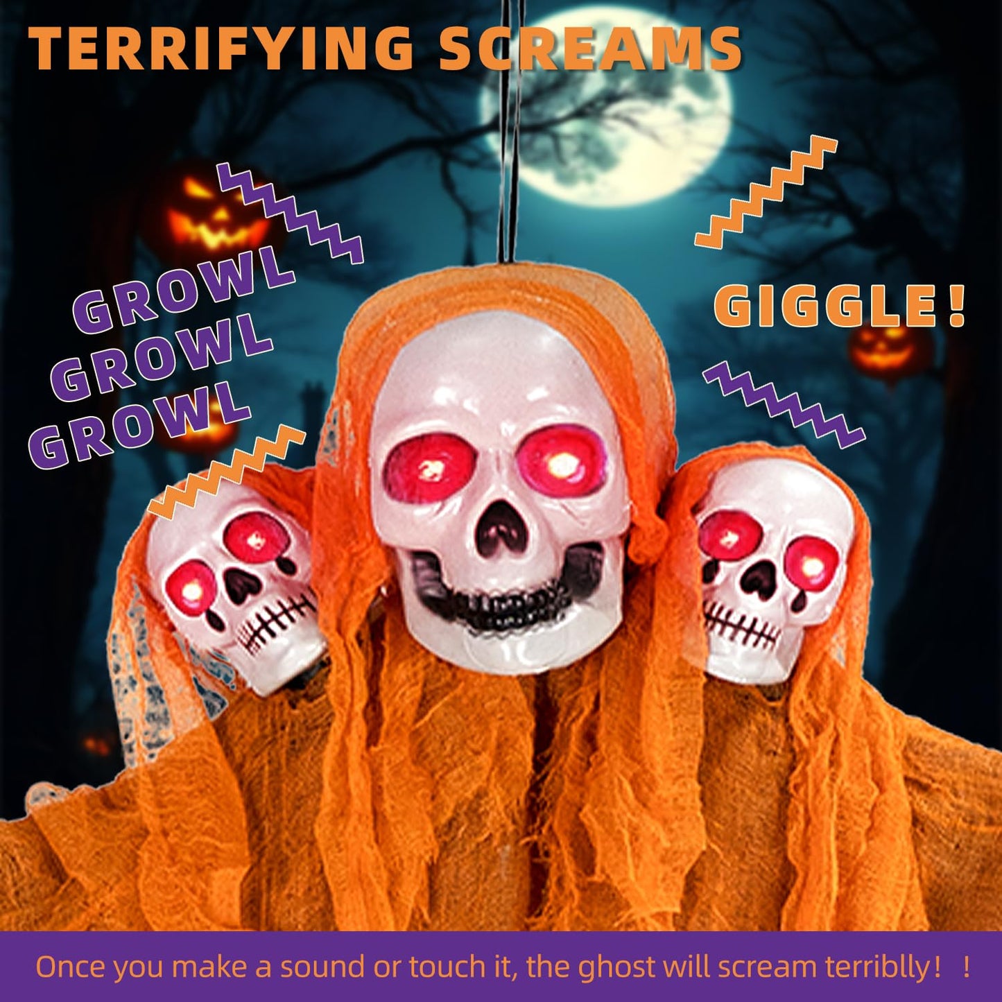 Kendane Halloween Decorations Outdoor and Indoor,Halloween Hanging Ghosts,Scary Grim Reaper Skeleton with Light-Up Eyes and Creepy Sound,Scary Party Decorations for Yard,Lawn,Haunted House Decor