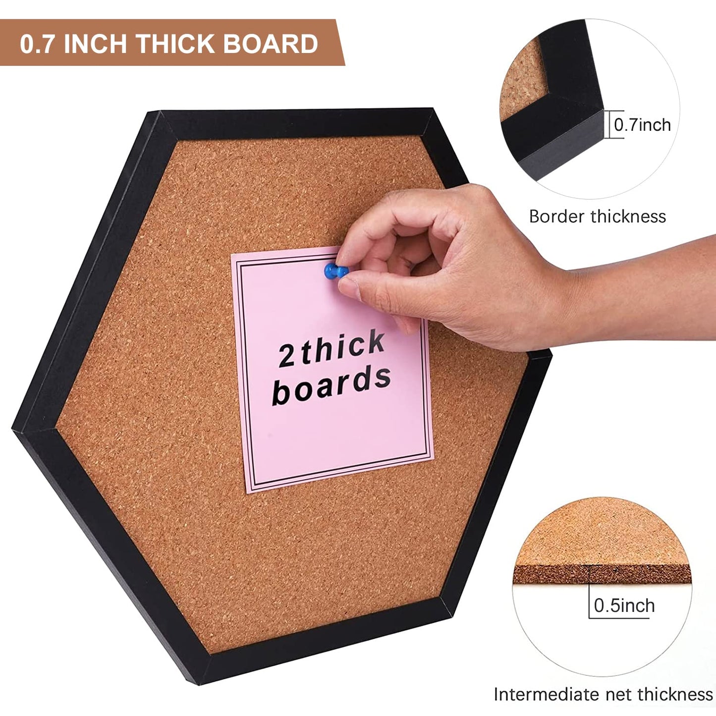 WAYHOUL Cork Bulletin Board for Walls, 1/2" Thick Hexagon Pin Board for Walls with Frame, Black Small Corkboard with 10 Push Pins and 10 Wood Clips, Tack Board for Home Office and School 2Pack