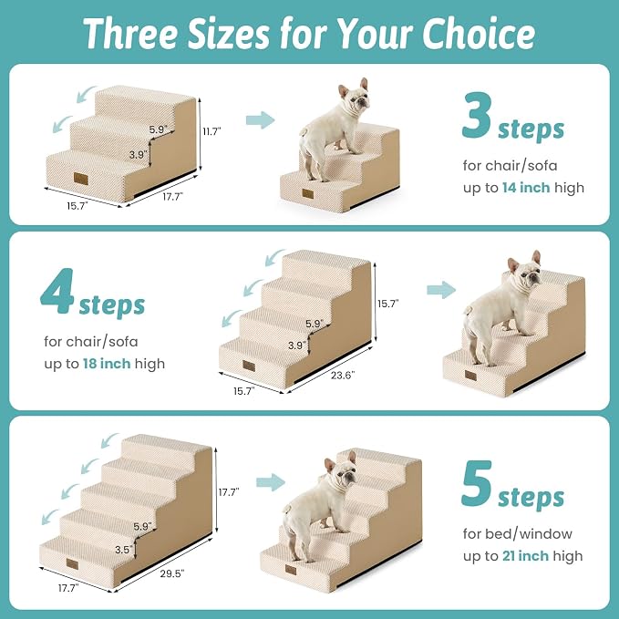 COZY KISS Dog Stairs for Small Dogs 17.7" H, 5-Step Gentle Incline Pet Step for Couch and Beds, Right-Angle Dog Ramp for Puppy Doggie Senior Cats, 17.7x29.5x17.7 Inch, Beige