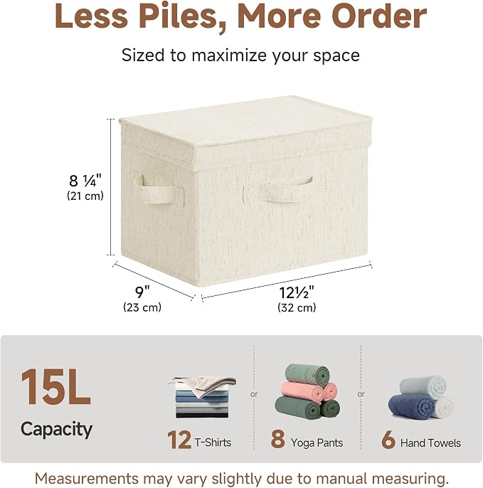 StorageWorks Fabric Storage Bins with Lid, Decorative Storage Boxes for Shelves, Stackable Closet Organizer Basket with Handles, Medium, Beige, 2-Pack