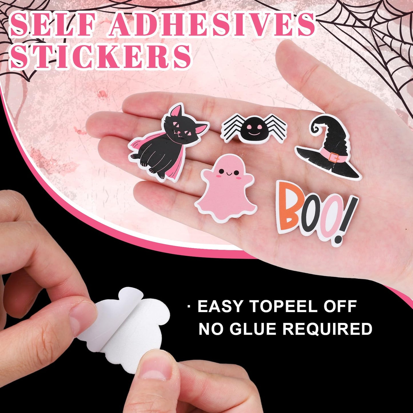 JarThenaAMCS 500Pcs Halloween Pink Foam Stickers Cute Cartoon Ghost Boo Pumpkin Self-Adhesive Sticker Decals for DIY Art Craft Birthday Baby Shower, 15 Designs