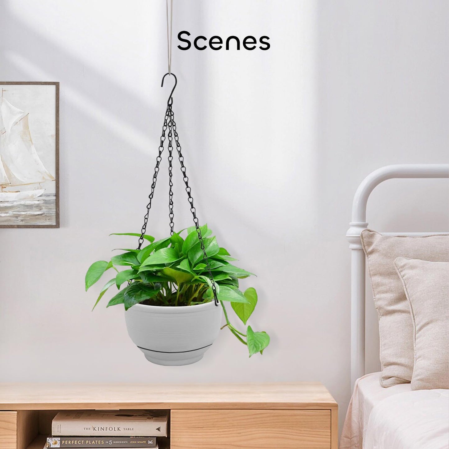 GROWNEER Plastic Hanging Planter 2 Packs 8 Inch Self Watering Pots Plants Hanger Baskets with 6 Pcs Hooks, Flower Pot with Detachable Base for Garden Indoor Outdoor (Grey)