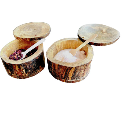 Handcrafted Rustic farmhouse Wood Salt or Pepper Bowl for Countertop, Salt herbs spice pot wood salt and pepper box includes spoons, Condiment Container, Loose tea container, Modern Kitchen Decor (2)