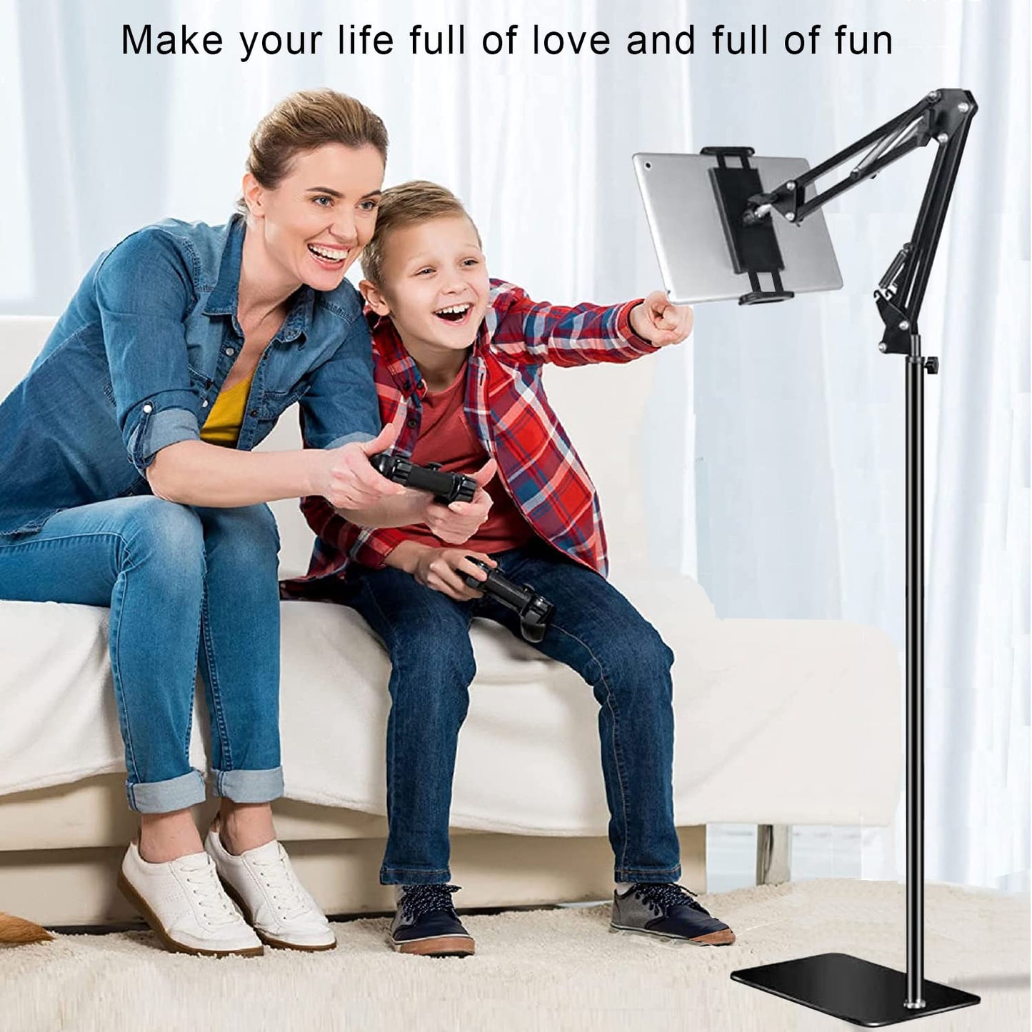 Tablet Floor Stand with 6LB Weight, Overhead Bed phone Stand Angle Height Adjustable Arm Stretchable Stand Holder, Compatible with iPhone iPad Mini Air Pro, Galaxy Tab, Kindle, E-Readers,all Phones