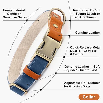 Plutus Pet Genuine Leather & Hemp Dog Collar – Adjustable Heavy Duty Pet Collar with Quick Release Metal Buckle, Soft & Stylish for Puppy and Small, Medium, Large Dogs (Royal Blue, XS)