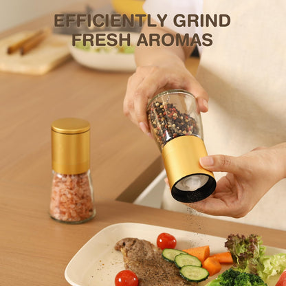 Vucchini Gold Salt and Pepper Grinder Mill - Adjustable Coarseness Ceramic Brass Spice Grinder Shaker - Refillable Glass Pepper Grinders for Home Golden Kitchen Accessories