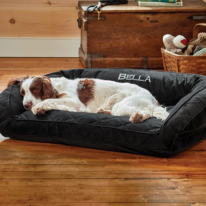 Orvis Comfort Fill-Eco Couch Dog Bed – Plush Three-Sided Bolster with Comfort Fill-Eco Cushion, Quilted Cover, Zip-Off & Machine Washable, Slate - Large