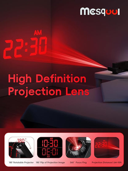 Mesqool Projection Alarm Clock with Bed Shaker, 7" LED Display, 180° Projector, 5-Level Dimmer, USB Phone Charger, Battery Backup, Loud Vibrating Alarm Clock for Heavy Sleepers, Snooze, DST
