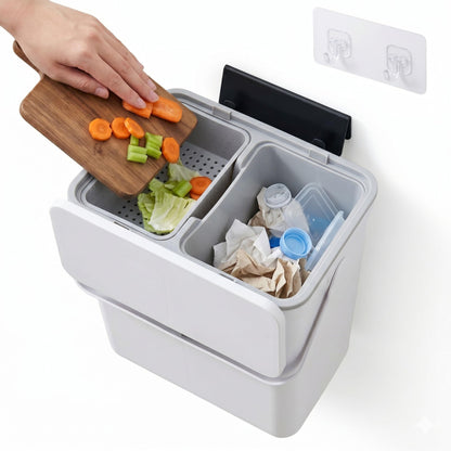 TOSCARA 3.2 Galoon Kitchen Compost Bin with lid | Odorless Hanging Trash Can with Sliding Lid for Dry & Wet Waste – 12 L Wall-Mounted Garbage Can for Kitchen Cabinet. Under Sink Trash can for Office.