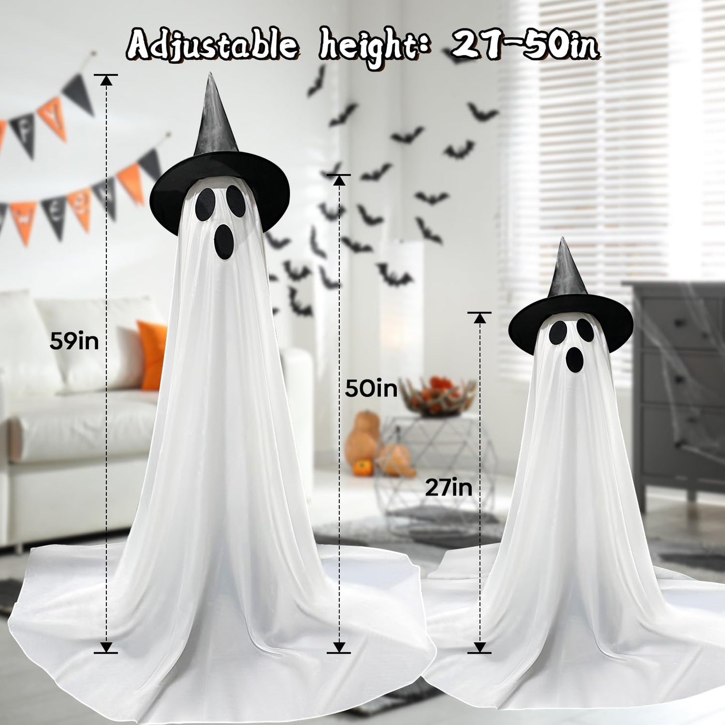 Halloween Decorations Outdoor & Indoor Decor - 2 Pack 59-inch Remote Control Spooky Ghost String Lights with Witch Hats, Halloween Lights for Porch, Yards, Patio, Garden Lawn, Party