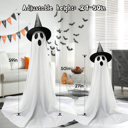 Halloween Decorations Outdoor & Indoor Decor - 2 Pack 59-inch Remote Control Spooky Ghost String Lights with Witch Hats, Halloween Lights for Porch, Yards, Patio, Garden Lawn, Party