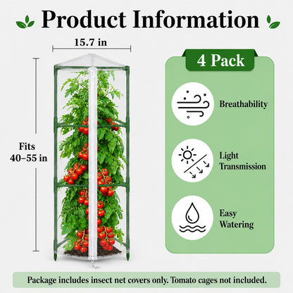 Halatool Garden Tomato Plant Cover Netting, Fits 40–55" Tall Square Tomato Cages, Garden Bird Netting with Zipper & Drawstring, Insect Barrier, Plant Covers from Insects Animals, 4 Pack, 45"×15.7"