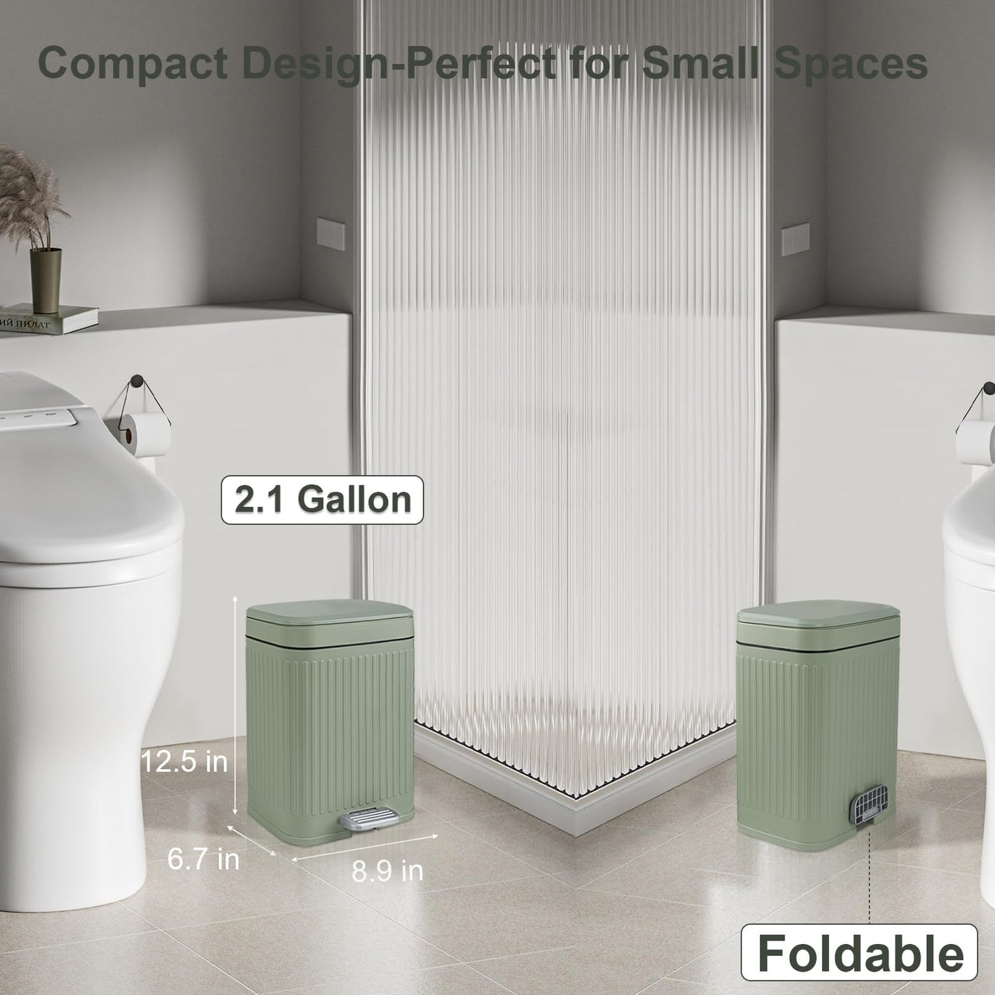 rejomiik Small Bathroom Trash Can with Lid 2.1 Gallon Soft Close Step Slim Garbage Can Waste Bin for Office, Bedroom, Kitchen, Light Green