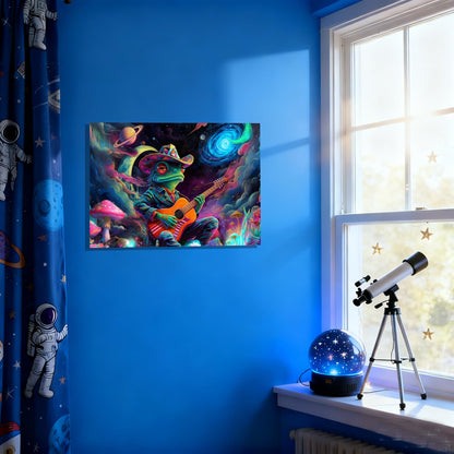 16x24 Psychedelic Space Frog Canvas Wall Art, Colorful Framed Cosmic Mushroom Guitar Player Kids Trippy Room Decor Teen Boys Bedroom Wall Posters Children Home Game Prints Gift Painting