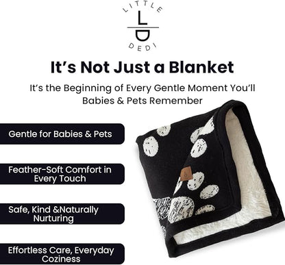 Small Pet Blanket - GOTS Certitied 100% Organic Cotton, Double Layer Plush Sherpa, Beige Jacquard Paw Knit, 30"x40", Ideal for Small Dogs and Cats - Soft and Warm