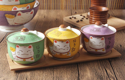 Ceramics Japanese Maneki Neko Lucky Cat Sugar Salt Pepper Storage Jar with Lid And Spoon