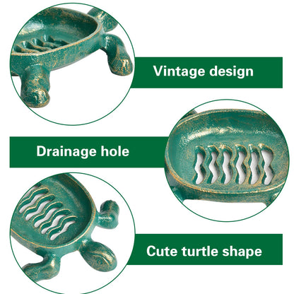 Sungmor Heavy Duty Cast Iron Drainable Soap Holder - Lovely Tortoise Shaped & Antique Green & Gold Finish - Kitchen Bathroom Sink Soap Dish Tray - Practical & Decorative Tabletop Soap Box Container