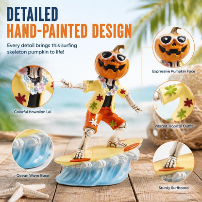 caiydramy Summerween Decorations for Home, 5.9" H Resin Surfing Pumpkin Skeleton Figurine, Spooky Summer Halloween Party Decorations, Tropical Hawaiian Beach Indoor Mantel Table Top Shelf Desk Decor