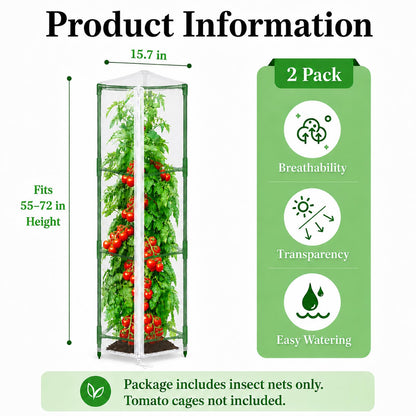 Halatool Garden Tomato Plant Cover Netting, Fits 55–72" Tall Tomato Cages, Garden Bird Netting with Zipper & Drawstring, Insect Barrier, Plant Covers from Insects Animals, 2 Pack, 61"×15.7"