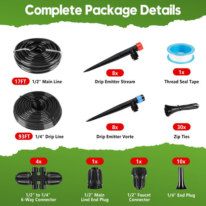 110FT Drip Irrigation System for Garden, Quick-Connect Automatic Garden Watering System with 1/2" & 1/4" Tubing and Accessories - Adjustable Sprinklers Kit for Greenhouse, Yard, Lawn, Raised Bed