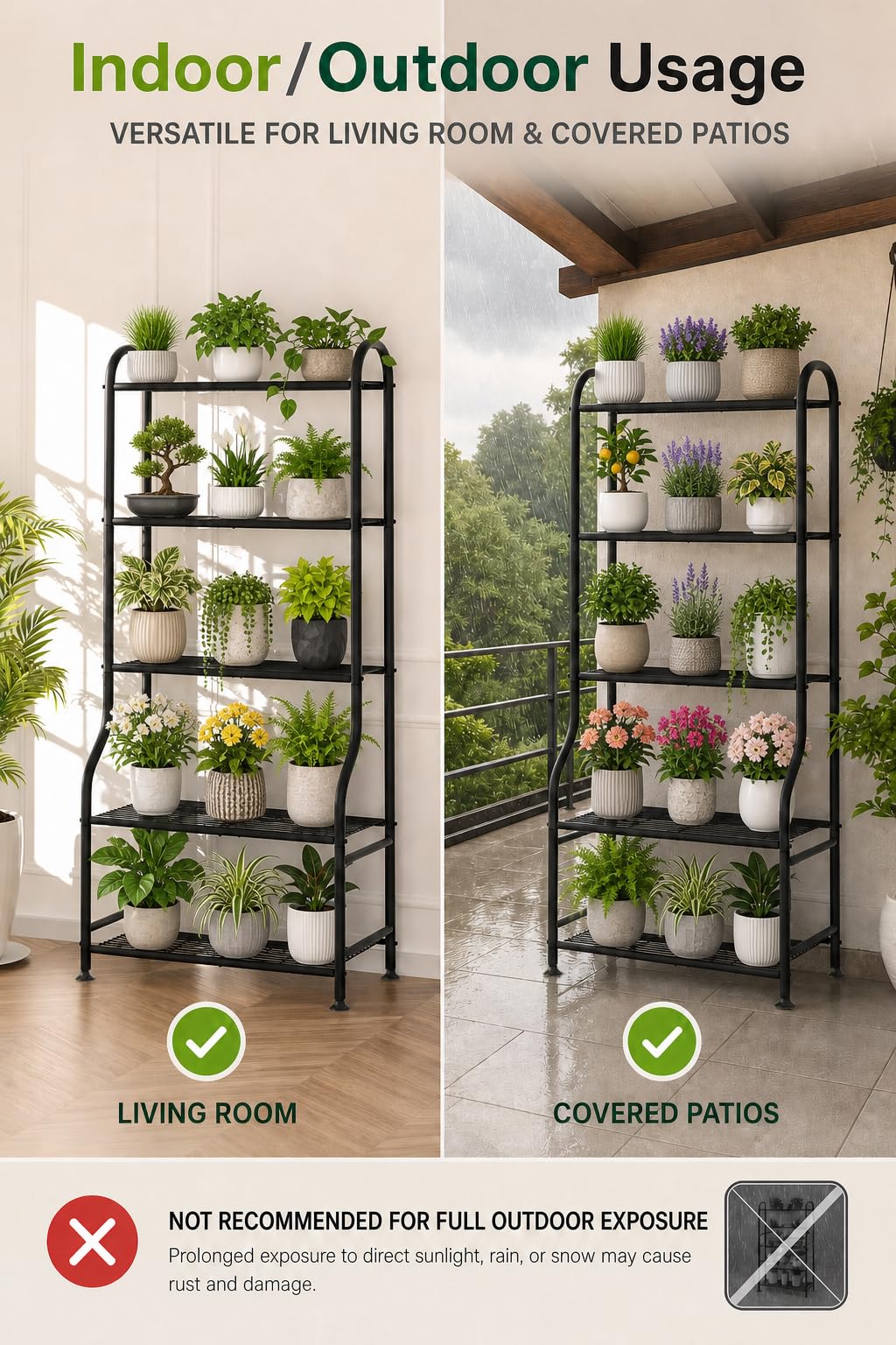 Yutrchey 5-Tier Metal Plant Stand - Heavy Duty Indoor Outdoor Flower Shelf for Multiple Pots, 65" Tall Vertical Holder with Adjustable Leveling Feet & Wall-Fixing Kits, Black