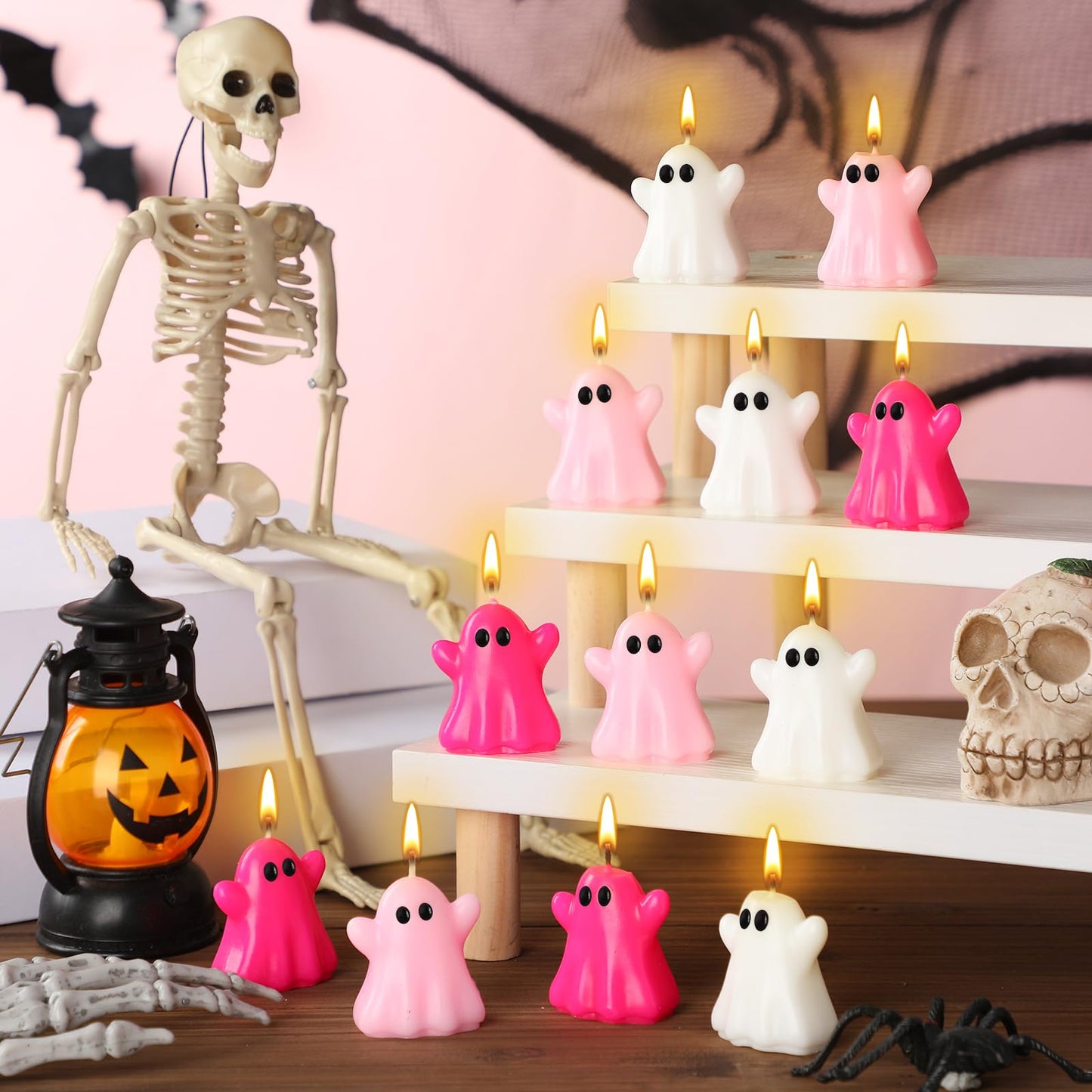 DoubleFill 12 Pcs Pink Halloween Ghost Candles Cute Burning Unscented Wax Candles Hot Pink Ghost Spooky Decor for Halloween Holidays Party Bedroom Table Decorations