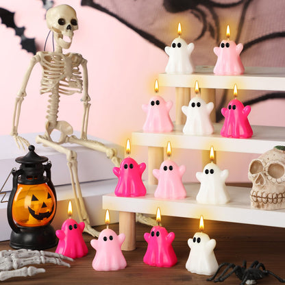 DoubleFill 12 Pcs Pink Halloween Ghost Candles Cute Burning Unscented Wax Candles Hot Pink Ghost Spooky Decor for Halloween Holidays Party Bedroom Table Decorations