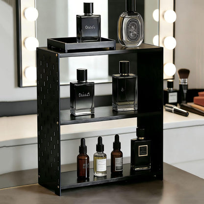 SANRETAHO Bamboo Cologne Organizer for Men, 3-Tier Perfume Organizer, Makeup Display Shelf for Vanity, Bathroom Counter Organizers and Storage Shelf, Black