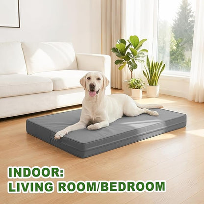 Vonabem Outdoor Waterproof Dog Bed Washable, XXL Crate Pad 48 Inch, Cooling Wipeable Leather Large Pet Bed with Removable Cover Reversible, Foam Anti-Slip Kennel Pads 47"x29" Grey