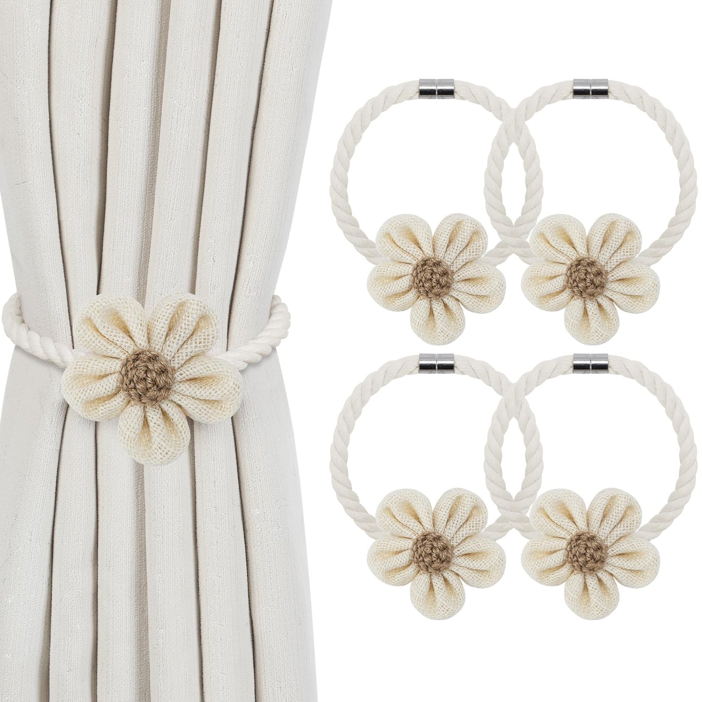 KLOGTSIND Magnetic Curtain Tiebacks, 4 Pack Flower Curtain Holdbacks for Draperies, Elegant Curtain Tie Backs for Boho Bedroom Decor, Toddler Girl Room Decor, Baby Nursery Decor