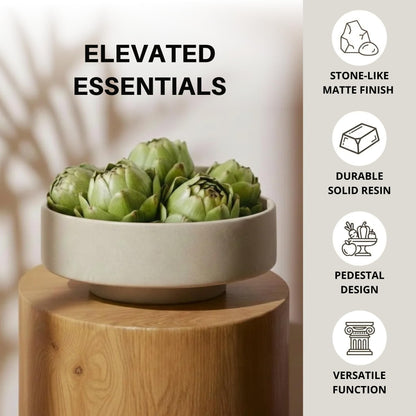 Large Fruit Bowl for Kitchen Counter, Modern Resin Pedestal Centerpiece, Stone-Look Matte Finish in Natural Sandstone, Decorative Bowl for Dining Table, Coffee Table and Entryway, 10.6 inch