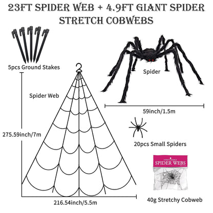 AYSOW 275" Halloween Triangle Spider Web and 59" Giant Spider Decorations Set with Stretch Cobweb - Halloween Party Supplies for Indoor Home Yard Patio Garden Haunted House Decor
