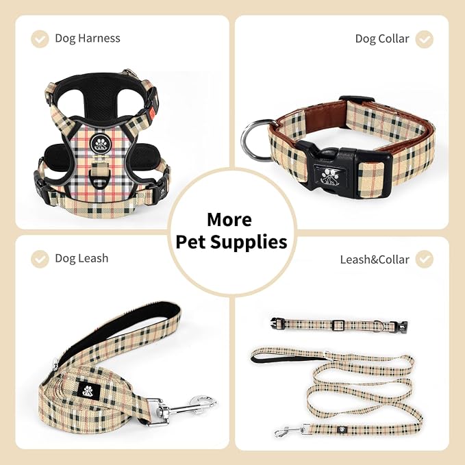 NESTROAD Dog Collar and Leash Set,Soft Neoprene Pet Collar with Quick Release Buckle,Adjustable Nylon Dog Collars for Small Medium Large Dogs(Medium,Cherecked Beige)
