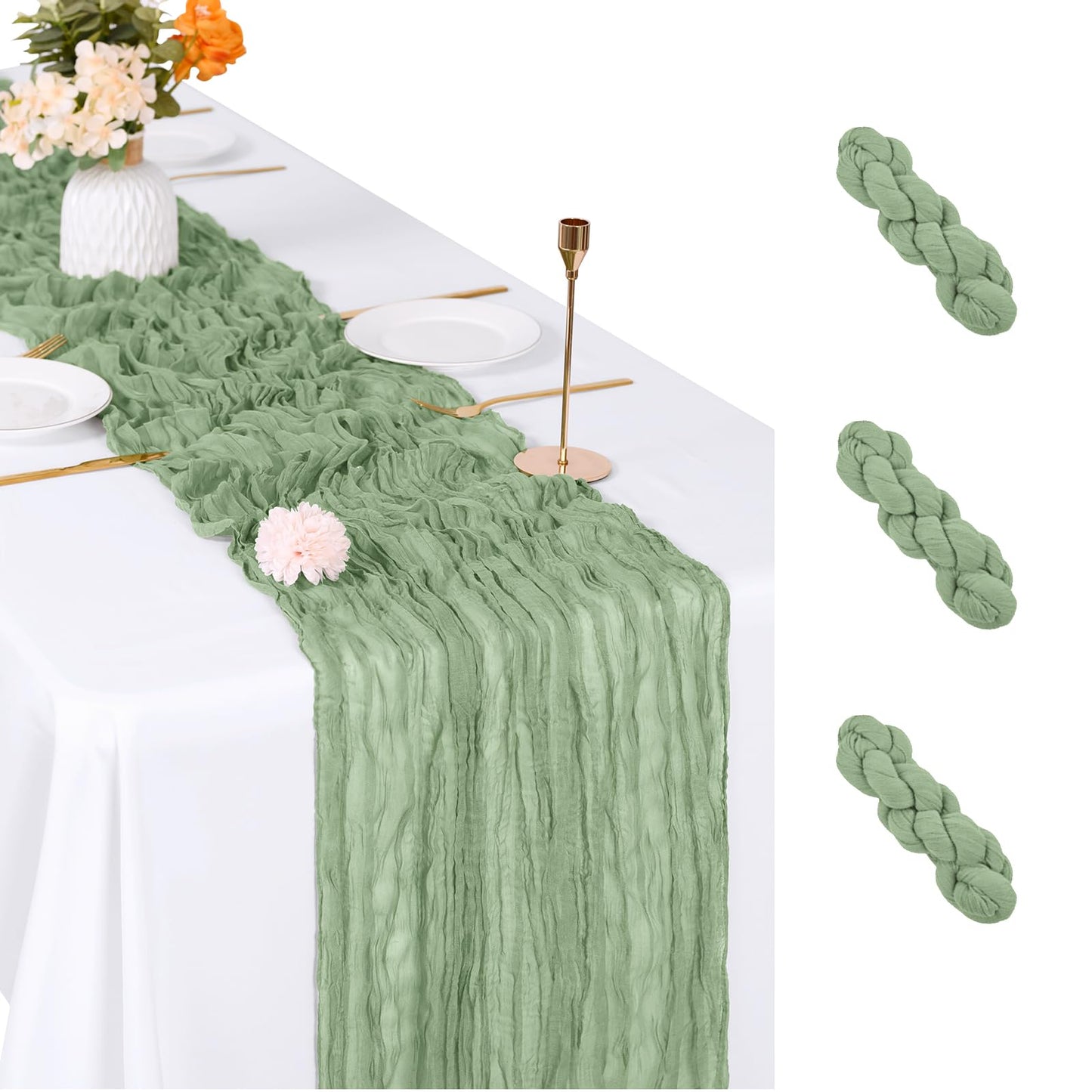 ACSUIT 3 Pack Sage Green Cheesecloth Table Runner, 17 x 108 inch, Semi Sheer Boho Cheese Cloth Fabric Table Runner Bulk for Wedding, Birthday, Party, Holiday, Home Decor (Sage Green)
