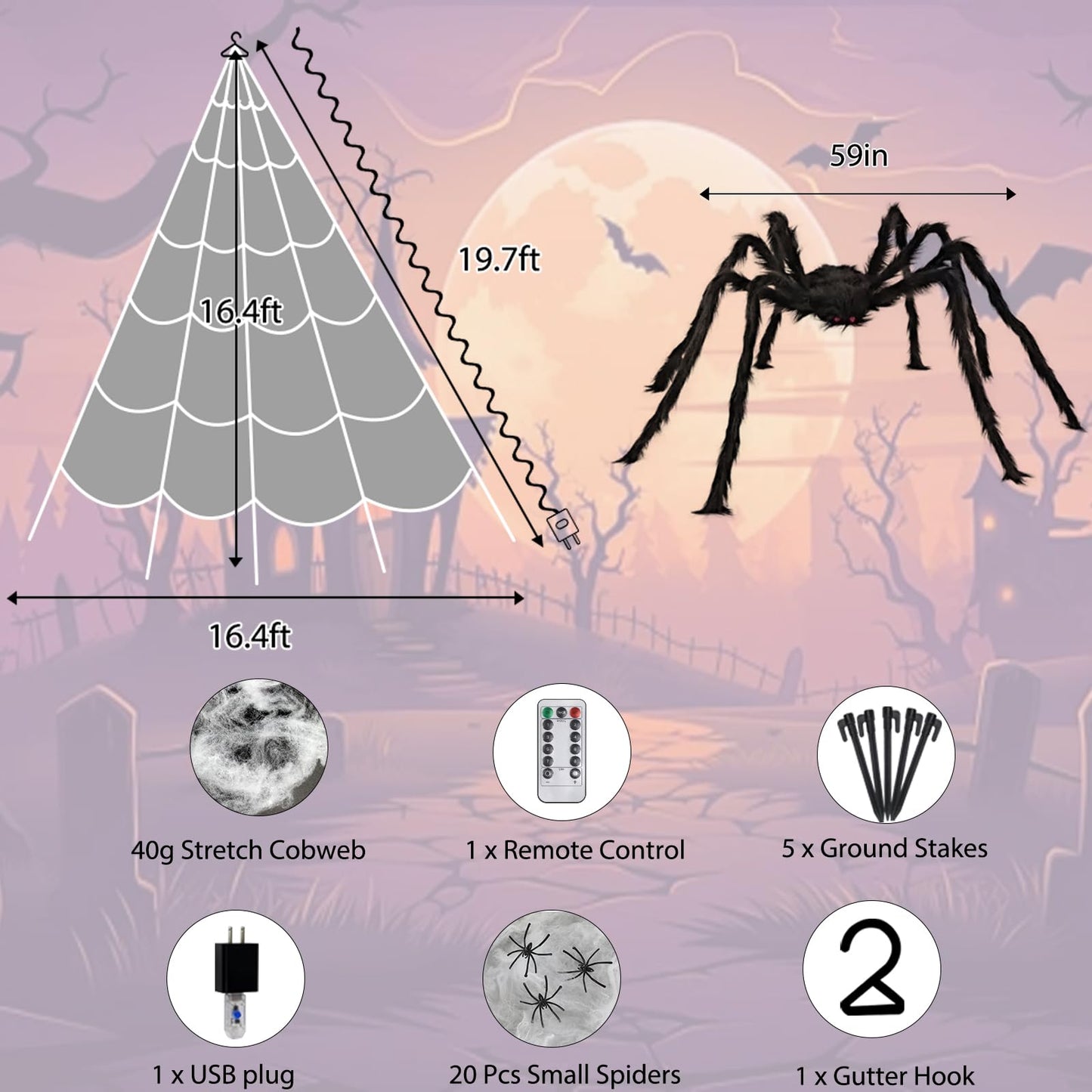 Halloween Spider Web Lights 550 LED Lighted Spider Web 16.4Ft Giant Halloween Decorations Light up with 8 Lighting Modes Waterproof & Timer for Indoor Outdoor House Haunted Yard Decor, Orange & Purple