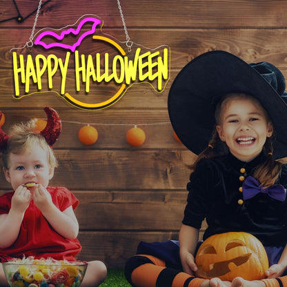Gevbay Happy Halloween Neon Sign Bat LED Light Up for Bedroom Home Bar Halloween Decor Trick or Treat Party Backdrop USB Powered