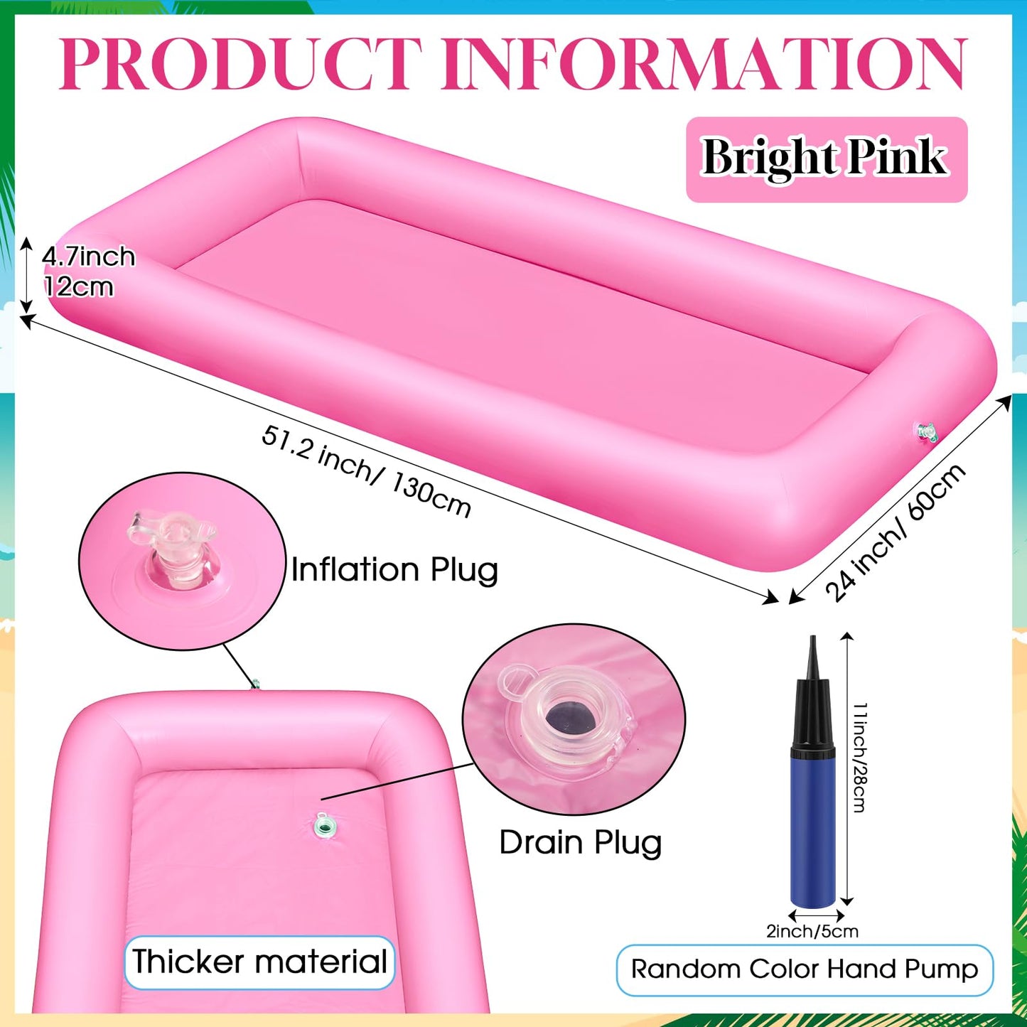 Leitee 3 Pcs Inflatable Serving Bar Kit Includes Salad Buffet Tray with Drain Plug Mesh Food Cover Food Drink Containers and Inflator for Ice Supplies Halloween Party Camping Picnic(Pink)