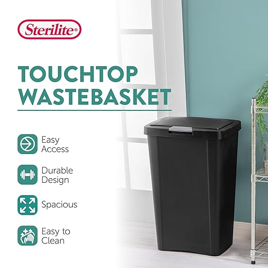 Sterilite 13 Gallon TouchTop Narrow Plastic Wastebasket with Secure Titanium Latch for Kitchen, Bathroom, and Office Use, Black (16 Pack)