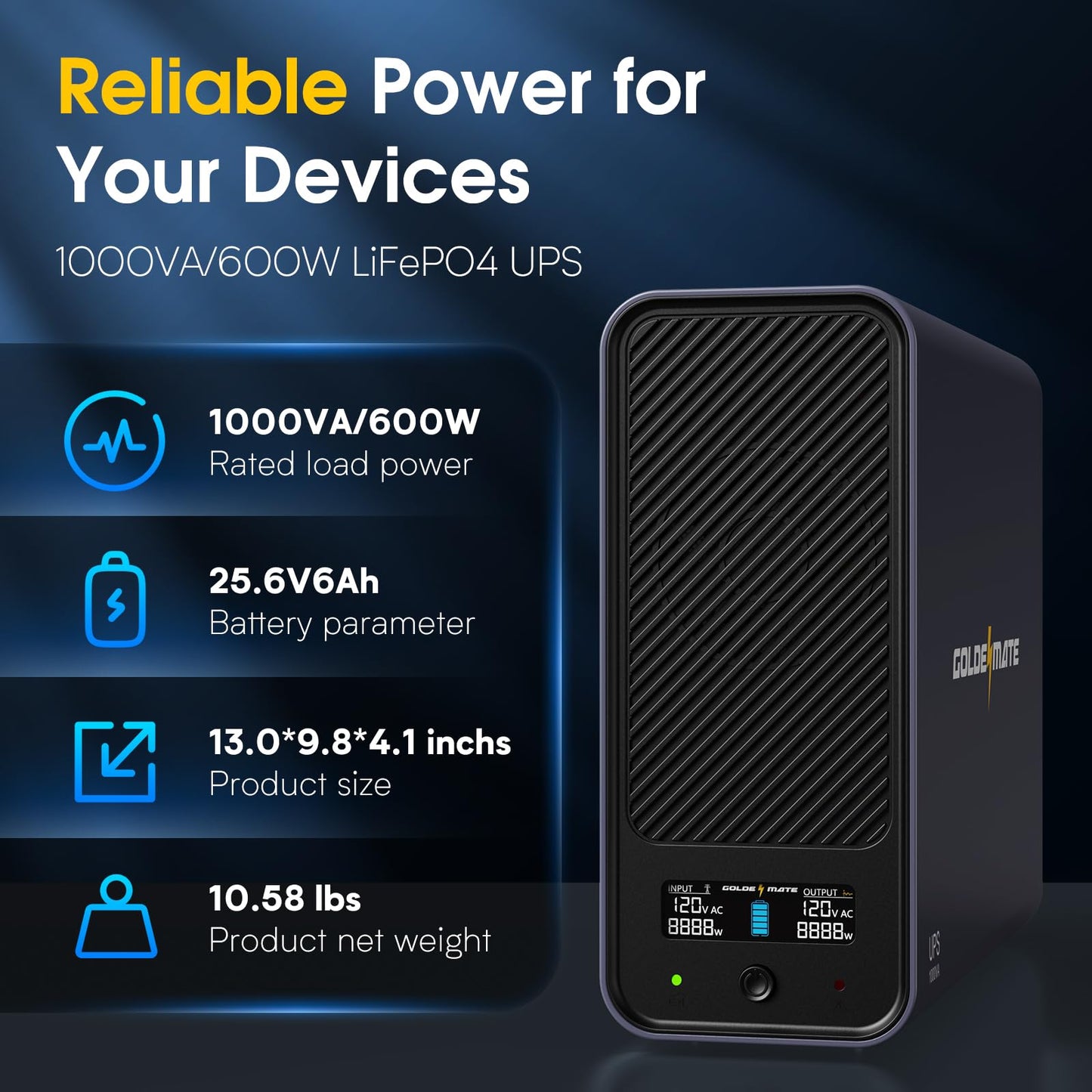 GOLDENMATE 1000VA/600W Lithium UPS Battery Backup & Surge Protector, Backup Battery Power Supply with LiFePO4 Batteries(153.6 Wh), Sinewave UPS System, 10 Years Lifespan, 8 Outlets, LCD Display, Gray