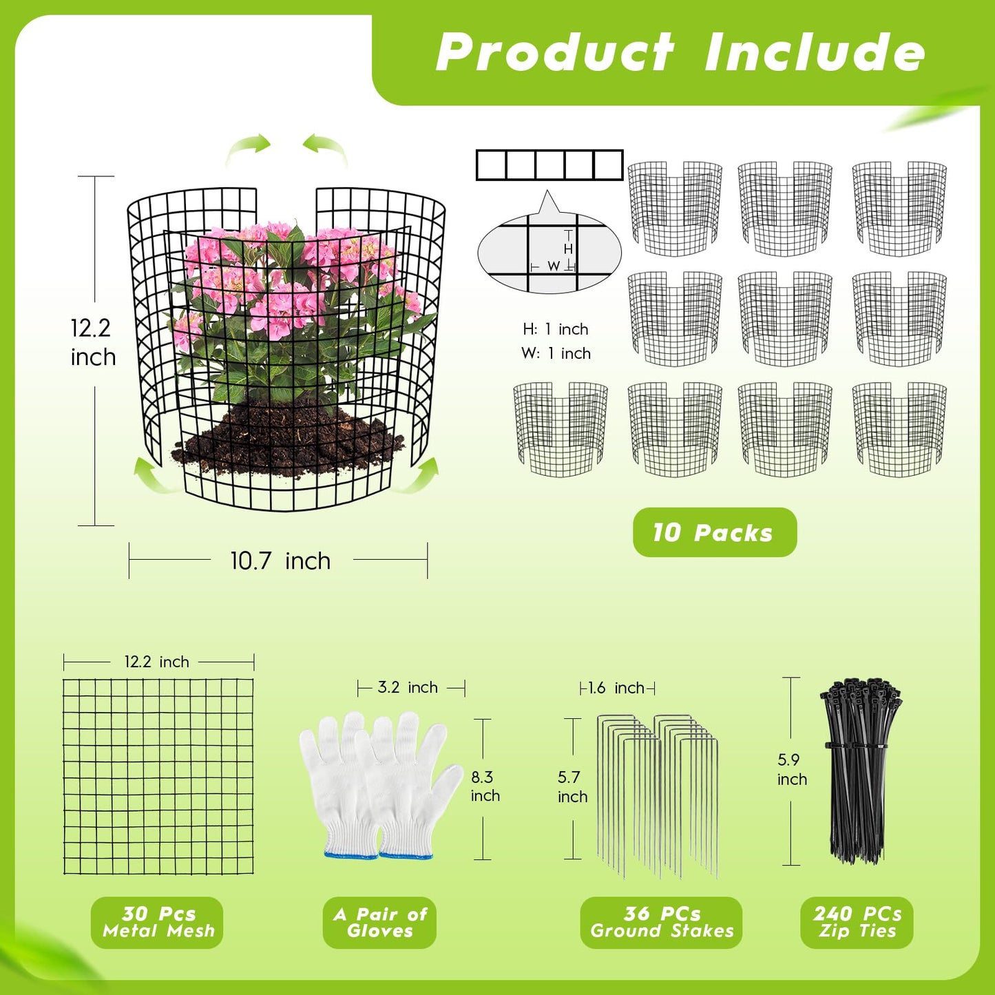 10 Pack Plant Protectors from Animals Wire Plant Protector Cage to Keep Animals Out with Zip Ties & Stakes, 30 Panels Bendable Metal Mesh for Flowers Vegetables