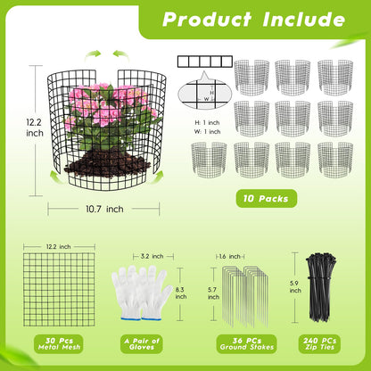 10 Pack Plant Protectors from Animals Wire Plant Protector Cage to Keep Animals Out with Zip Ties & Stakes, 30 Panels Bendable Metal Mesh for Flowers Vegetables