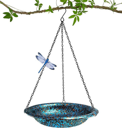 Hanging Bird Bath for Outside 11.4 inch Birdbath Bowl with Rust-Proof Black Chains Hooks Metal Hanging Window Bird Feeder for Outdoor Garden Decor (Blue Mix Copper Color)