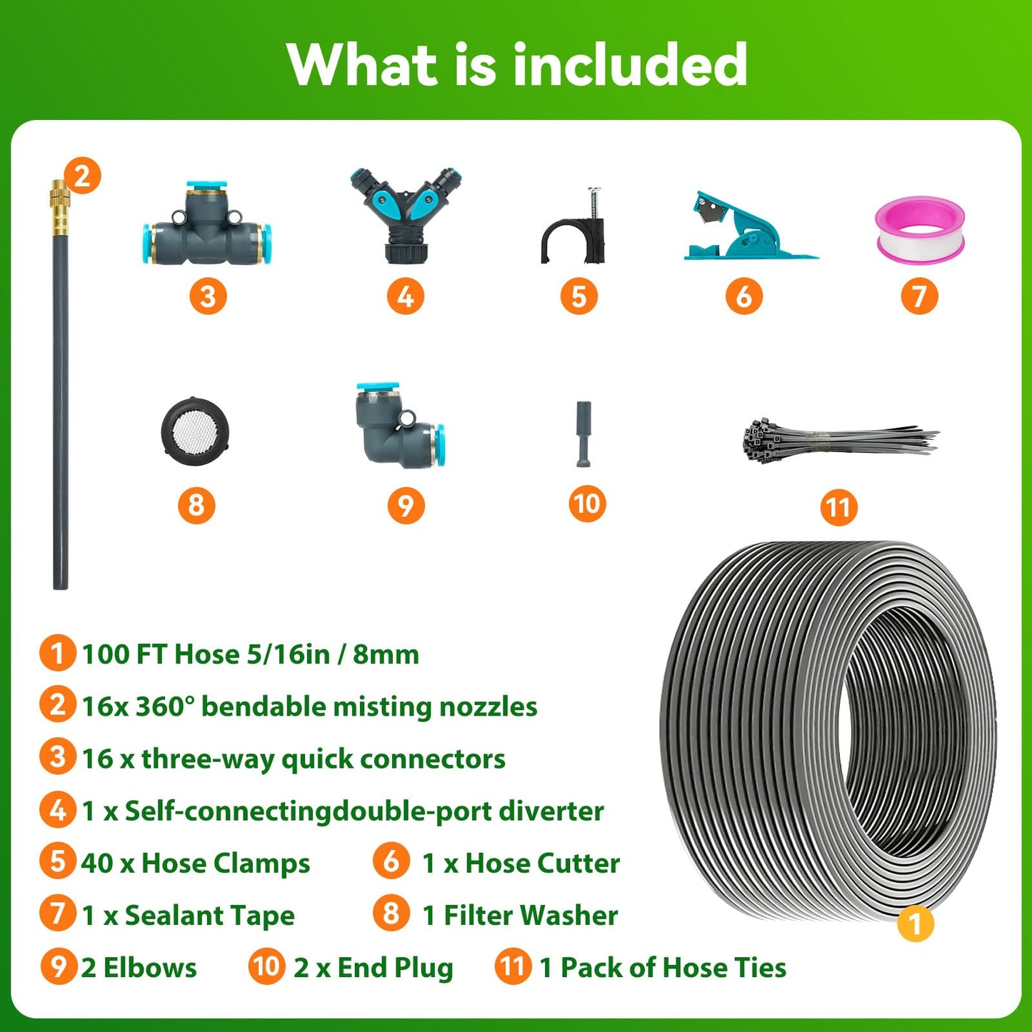 360° Adjustable Drip Irrigation System 100FT,5/16" Garden Watering Kit with 16 Copper Nozzles,82Pcs Drip Irrigation Kit，Automatic Misting Sprinkler System for,Raised Bed, Patio, Lawn & Yard Care