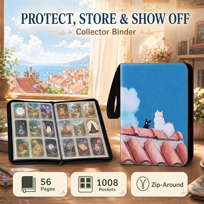 1008 Cute Card Binder 9 Pocket, 3-Ring Trading Card Binder with 56 Page Removable Sleeves, High Storage Waterproof Trading Card Holder Collection Card Album Organizer Case for TCG Cards - Cat