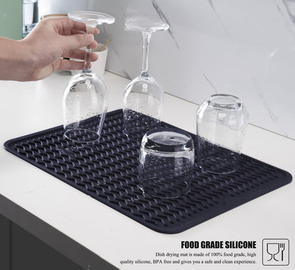 Silicone Dish Drying Mat for Multiple Usage, Easy clean, Eco-friendly, Heat-resistant Dish Drainer Mat for Kitchen Counter,Sink,Refrigerator or Drawer liner (16" x 12", Dark Blue)